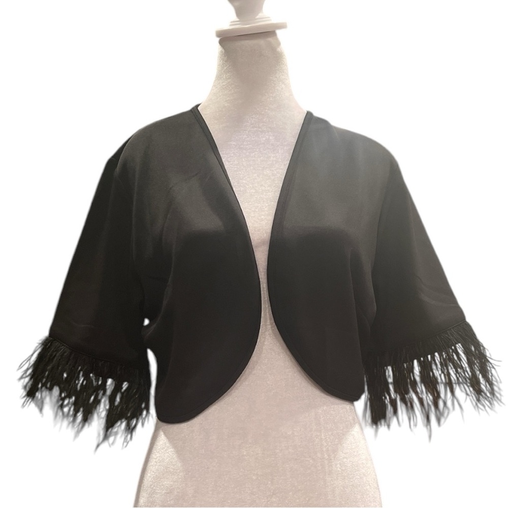 Black Feather Trim Bolero Shrug L Evening Cocktail Wedding Guest - Picture 2 of 8